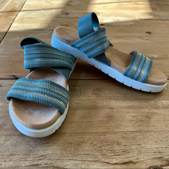 SO Blue and Gold Metallic Stretch Elastic Comfort Sandals Womens Size 7.5 Medium - Picture 8 of 16